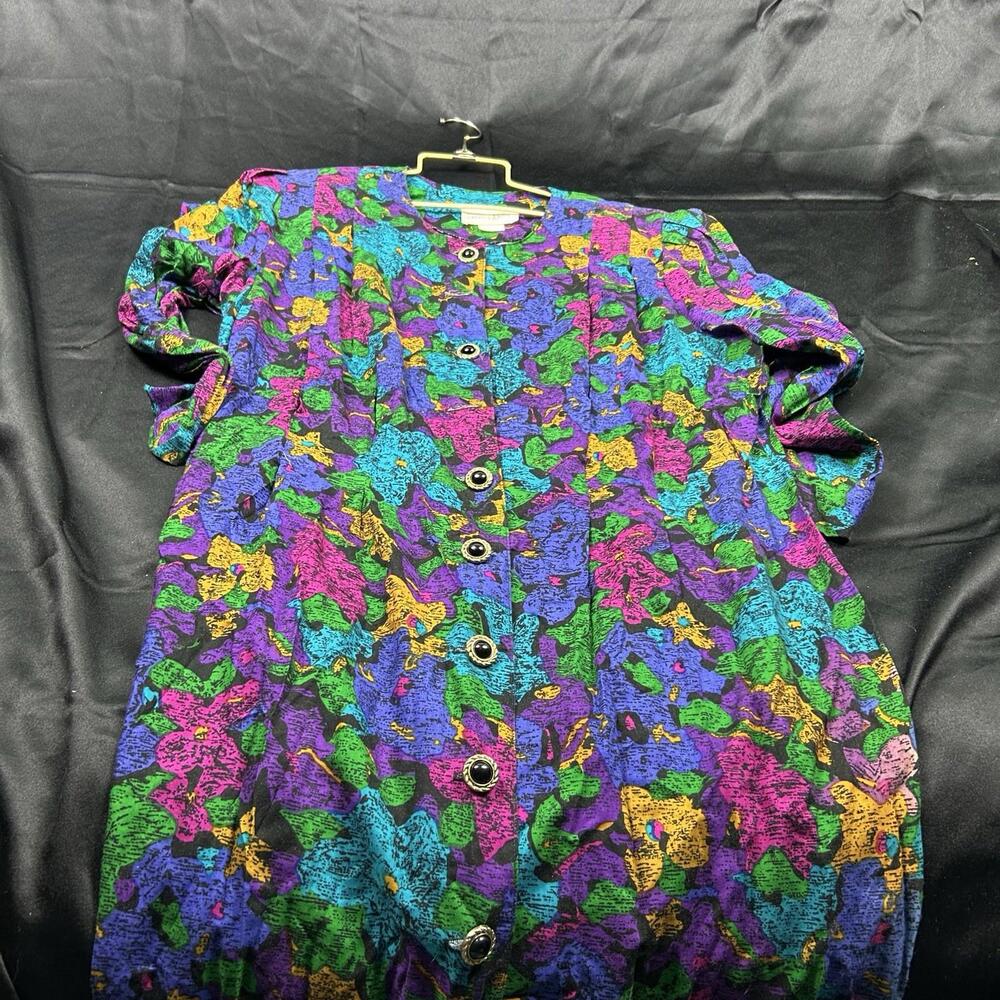 Success Dress Womens 11/12 Vintage Purple Yellow Green Button Up Belted EUC